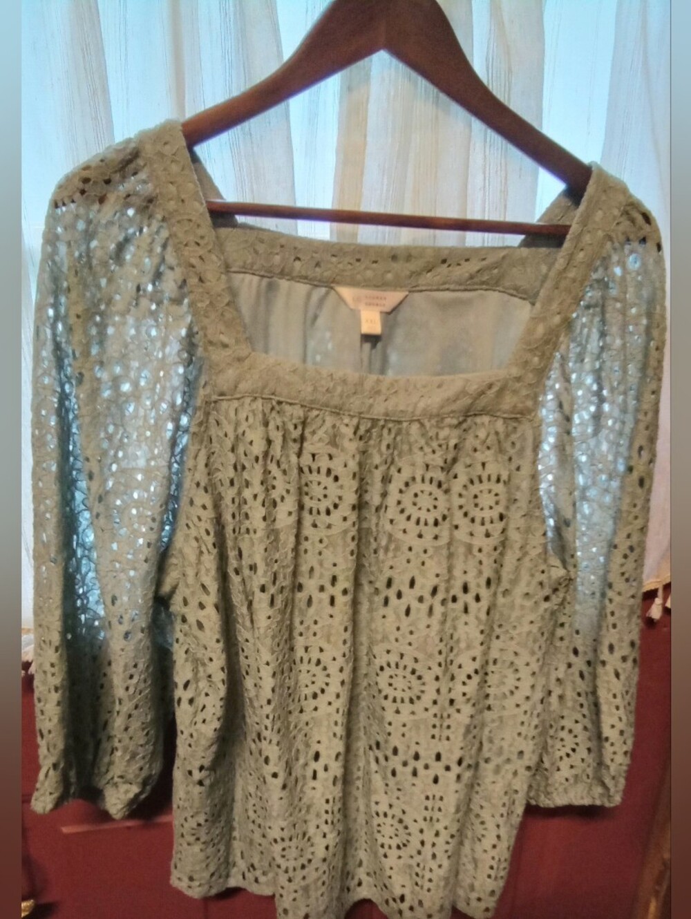 LC Lauren Conrad Sage Green Crochet Eyelet Square-Neck Blouse